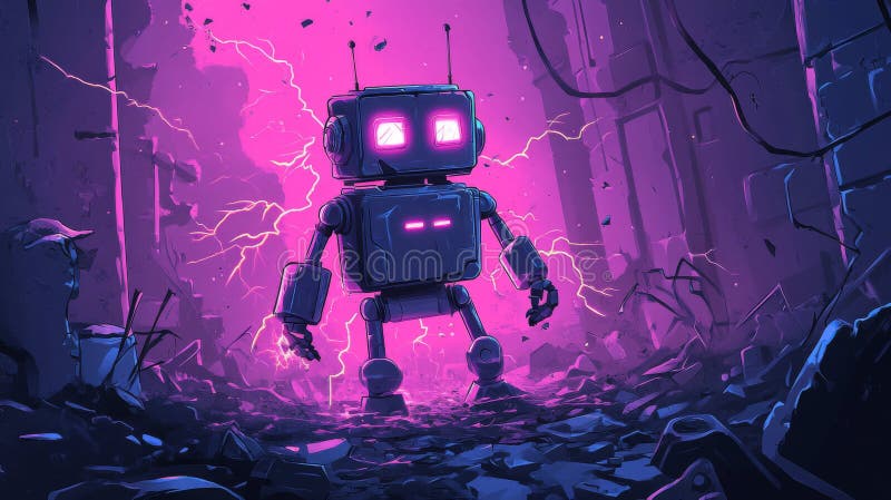 Glowing Pixel Robot in a Dark Forest vector illustration