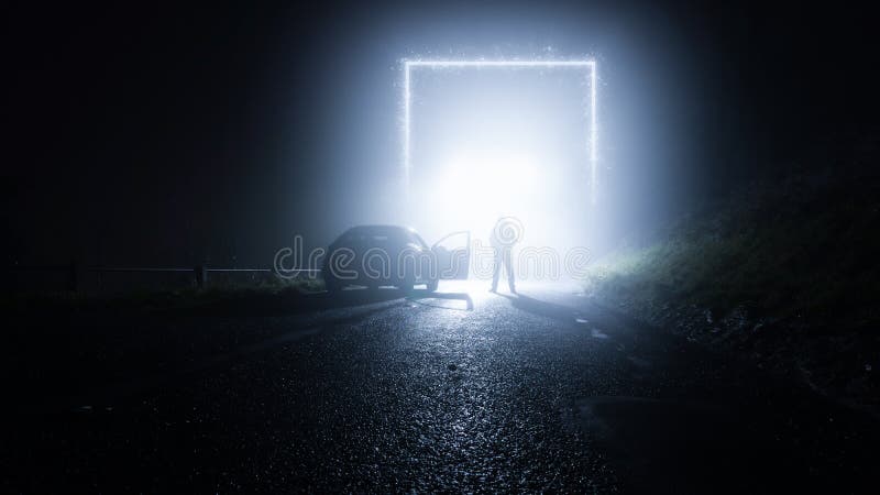 A glowing, portal, gateway on a country road. With a man standing next to a car. On a spooky, foggy, winters night. Science fiction concept