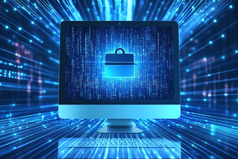 A glowing protection icon appears on a computer screen while digital data streams in a modern workspace setting stock photo