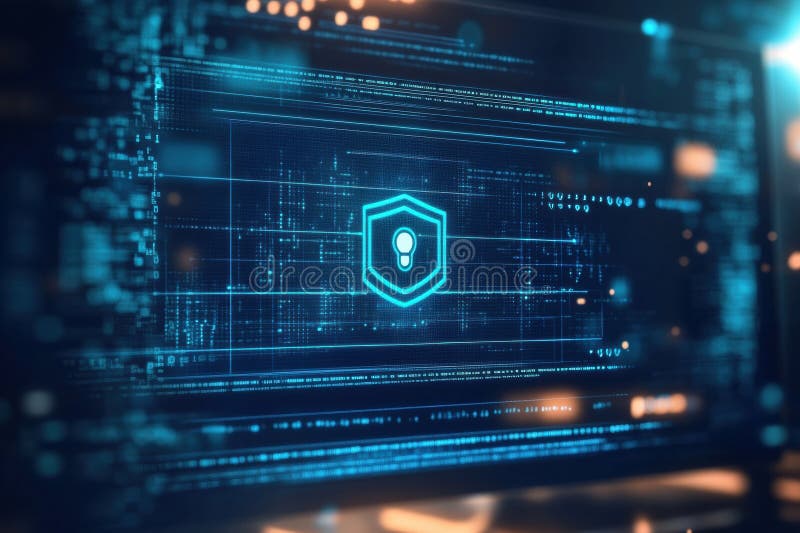 A glowing protection icon appears on a computer screen, highlighting themes of cybersecurity and digital safety in royalty free stock photo