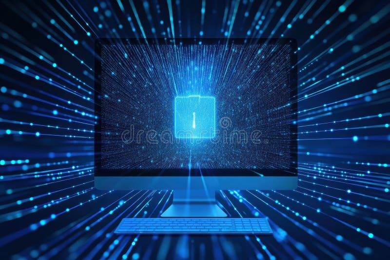 A glowing protection icon appears prominently on a computer screen surrounded by vibrant blue data streams flowing royalty free stock photo
