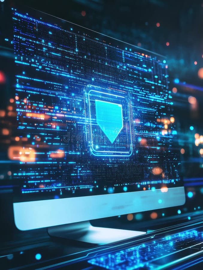 A glowing protection icon is visible on a computer screen surrounded by vibrant digital data streams in a tech-savvy workspace environment. AI generated