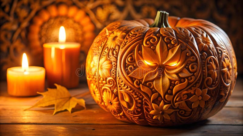 Glowing Pumpkin with Intricate Carving Generative AI A close-up shot of a carved pumpkin illuminated from within, showcasing intricate and detailed carvings. The warm glow of the candlelight creates a mesmerizing effect.
