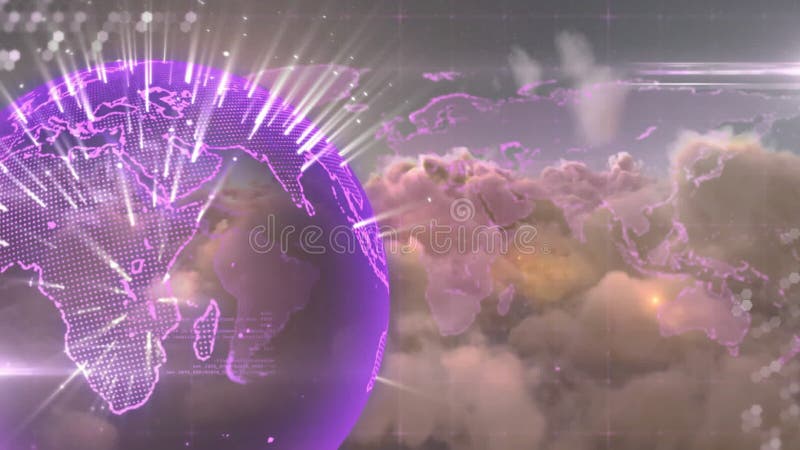 Glowing purple digital globe with animation lines over cloudy sky background stock illustration