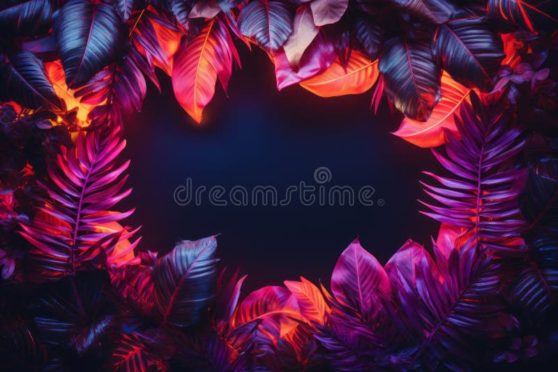 Glowing purple exotic leaves and empty space. Top view. generative AI royalty free illustration