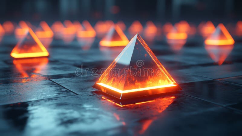 Glowing pyramids on a dark surface at twilight, creating an atmospheric and futuristic ambiance in a digital landscape royalty free stock photo