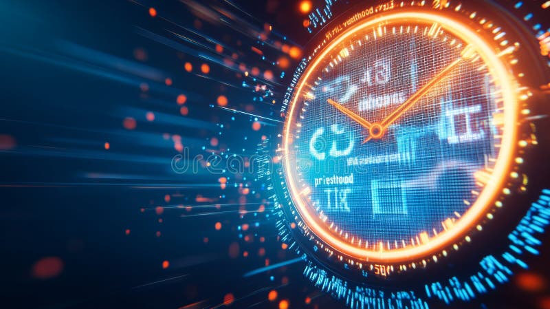 Glowing red and blue accents adorn a stylized digital clock face positioned on dynamic abstract data streams and graphs royalty free stock photos
