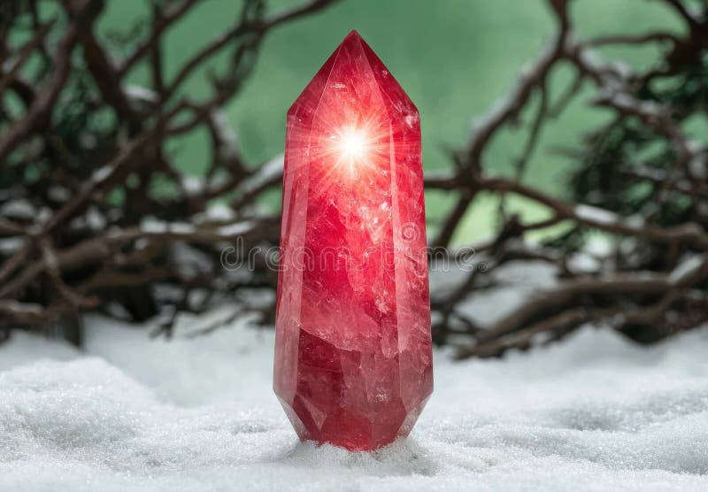 Glowing red crystal in snowy forest royalty free illustration