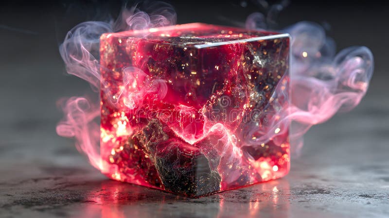A glowing red crystalline orb emits smoke from within a clear resin cube, creating a mystical and futuristic art piece