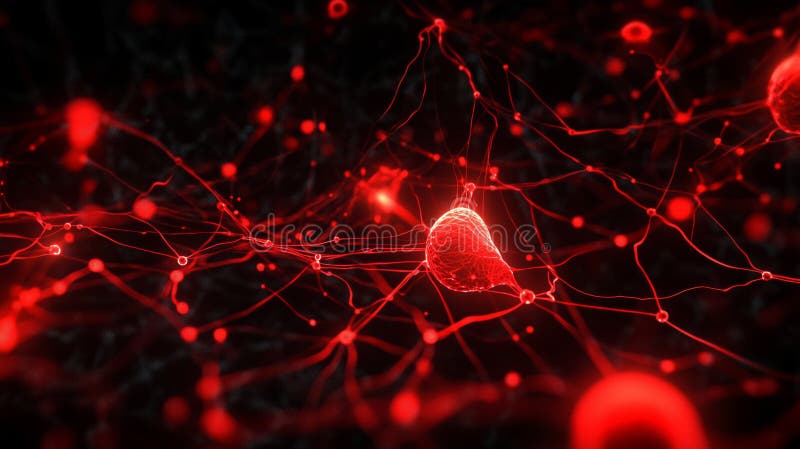 Glowing red neurons in neural network royalty free stock image