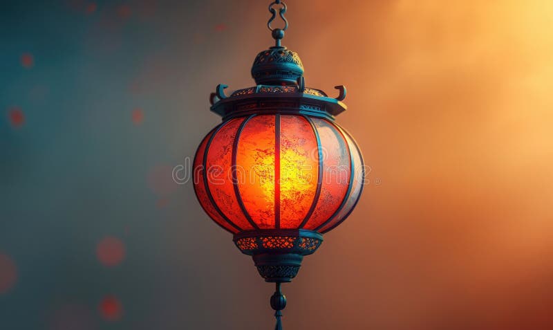 A glowing red and orange lantern with intricate metalwork hanging from a chain against a mottled orange background royalty free illustration