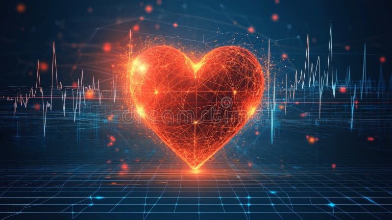 Glowing Red Polygonal Heart on Grid Background, Medical Line Chart, Abstract, Modern Futuristic vector illustration