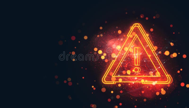 Glowing red warning triangle with exclamation mark on dark background, surrounded by digital particles and abstract light effects stock illustration