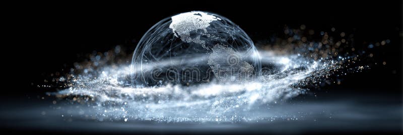 Digital Representation of Earth Surrounded by a Glowing Network of Data and Connections in a Dark Space stock photography