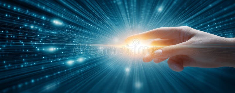 Glowing robotic hand with a sleek, futuristic design reaches out towards a human hand, symbolizing the intersection of royalty free illustration