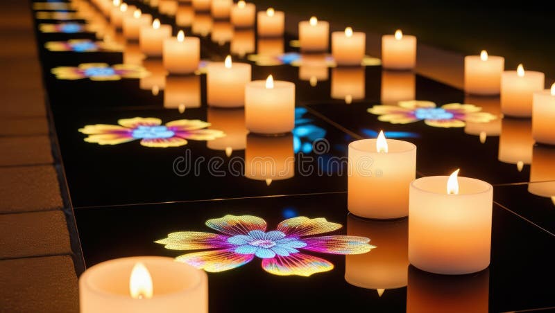 Glowing romantic pathway with interactive digital candles and holographic designs on reflective surface creates serene atmosphere vector illustration