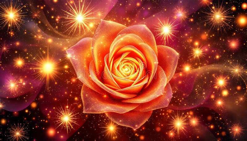Glowing Rose Galaxy Art Print Sparkling Fireworks Background stock illustration