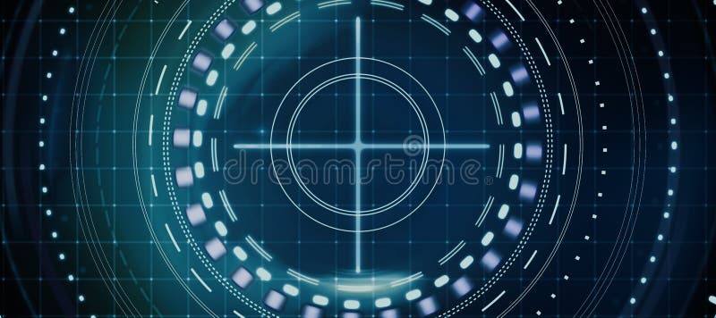 Glowing round digital blue interface on dark grid background. HUD, innovation, digital transformation and data concept. stock illustration