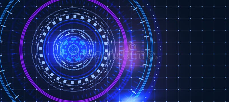 Glowing round digital blue interface on dark grid background with mock up place. HUD, innovation, digital transformation and data stock illustration