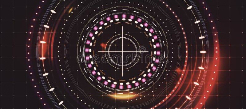 Glowing round digital red interface on dark grid background. HUD, innovation, digital transformation and data concept. 3D vector illustration