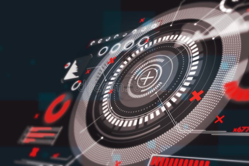 Glowing round interface with red cross. Hud, future, safety and cyber attack concept. stock illustration