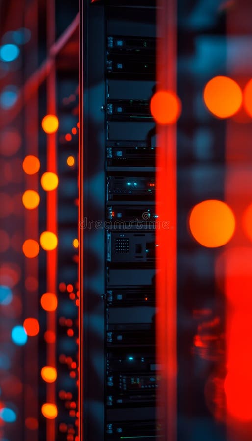 Glowing Server Racks in Data Center, Network Technology Abstract Background with Bokeh vector illustration