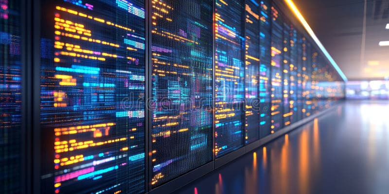Glowing Server Room, Futuristic Data Center With Rows of Network Servers, Big Data Concept stock illustration