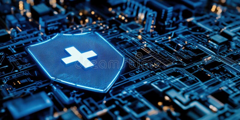 Glowing shield with blue cross symbol on circuit board background, representing cybersecurity stock illustration