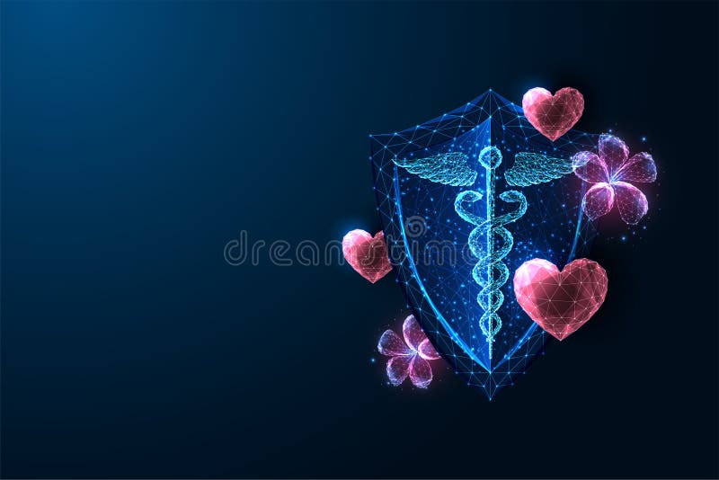 Glowing shield with caduceus symbol surrounded by low-poly hearts and flowers on blue background. stock illustration