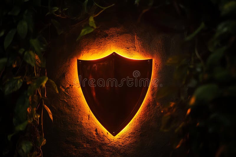 Glowing Shield Emblem Surrounded by Lush Greenery at Night stock illustration