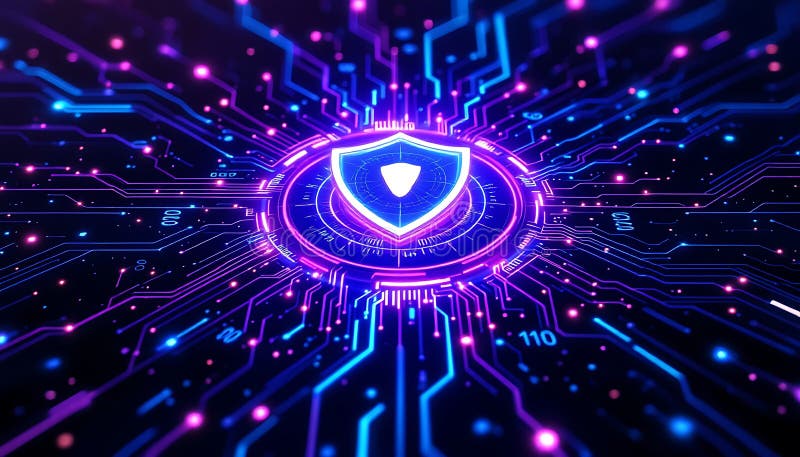 Glowing Shield Icon on Futuristic Circuit Board with Neon Lights stock illustration
