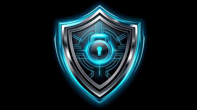 Glowing shield with lock, securing digital data and ensuring robust online protection royalty free illustration