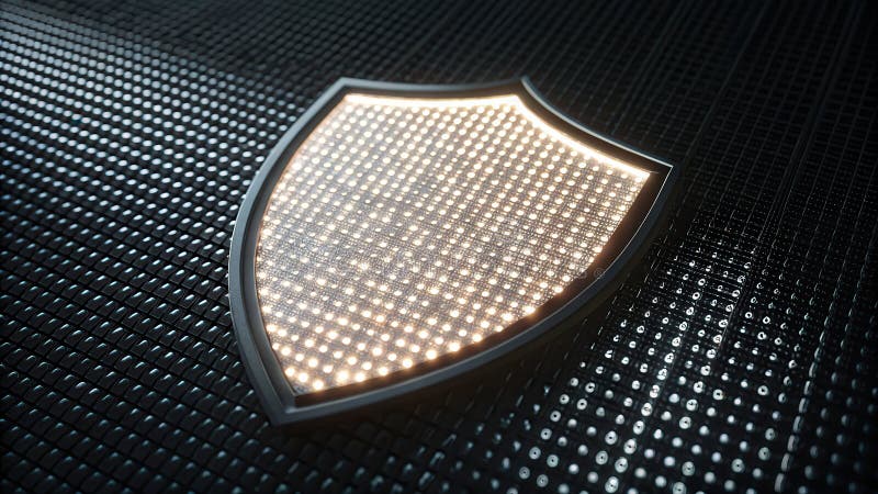 A glowing shield made of tiny binary characters dark digital