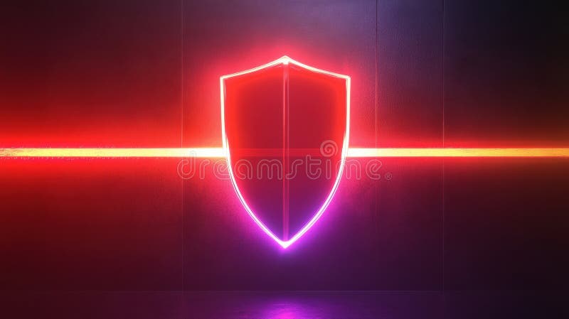 Glowing shield symbol representing digital security with neon lights in a futuristic design for advanced protection royalty free stock photos
