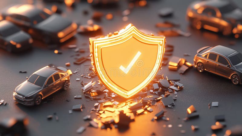 Glowing shield symbolizing insurance protection amidst car wreckage evokes sense of security royalty free illustration