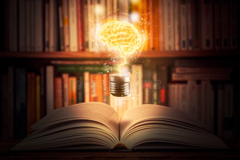 Glowing and shining brain lightbulb over an open book with a bookshelf as background. Knowledge, study, cognition, learning