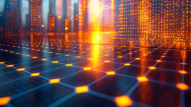 Glowing Solar Panel Design in Urban Setting stock illustration