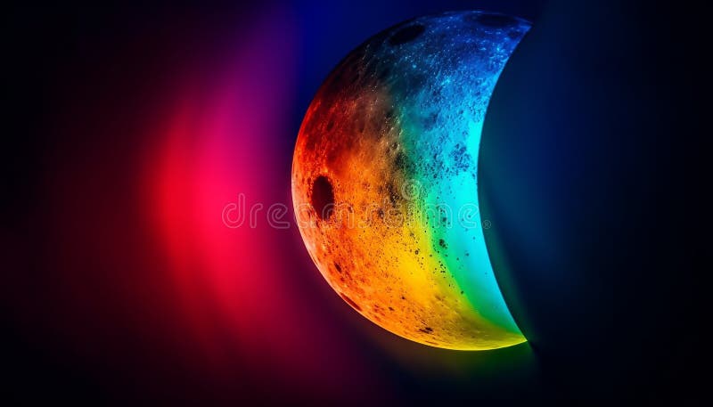 Glowing sphere orbiting dark planet in space generated by AI stock illustration