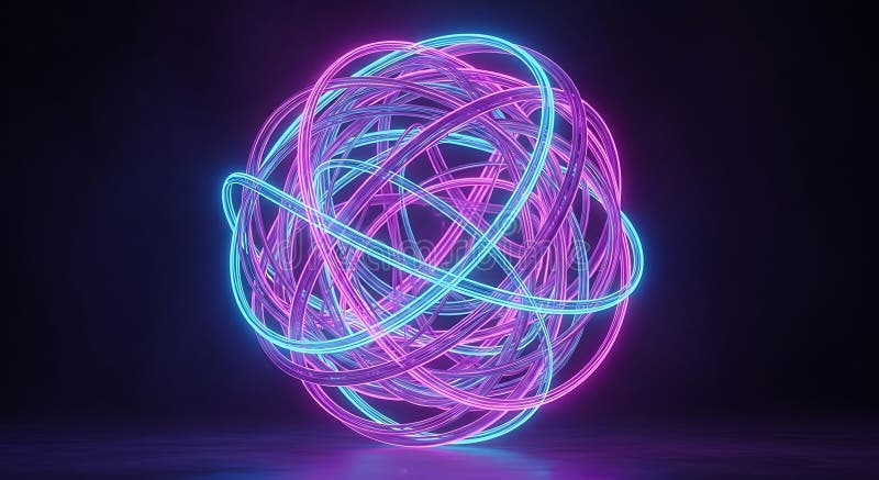 A glowing, spherical abstract structure composed of intertwined neon tubes in vector illustration