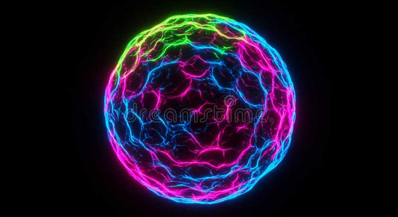 A glowing, spherical digital artwork featuring neon colors against a black background. royalty free illustration