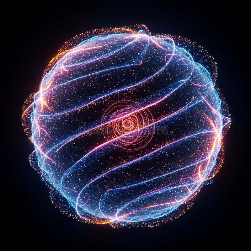 A glowing, spherical digital artwork featuring swirling lines of light in blue, pink, and vector illustration