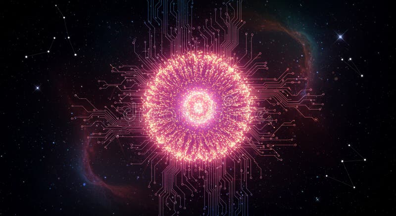 A glowing, spherical digital pattern resembling a circuit board appears in a cosmic royalty free illustration