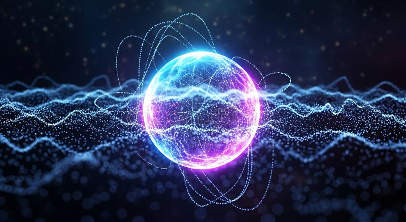 A glowing, spherical digital representation floats in a dark space, surrounded by stock illustration