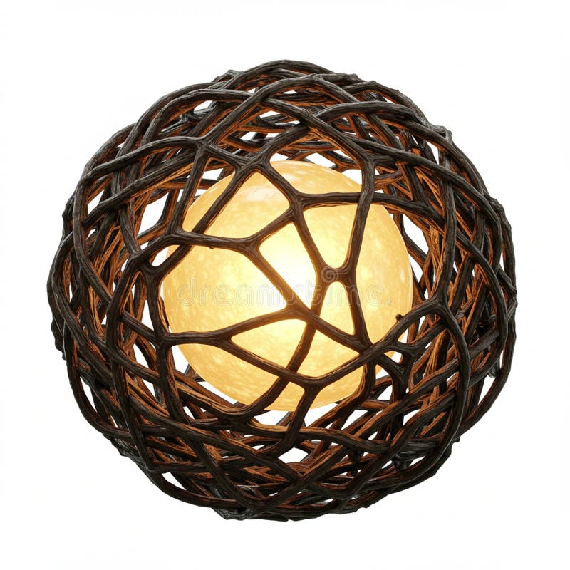 A glowing spherical light source encased within an intricate, woven lattice structure. vector illustration