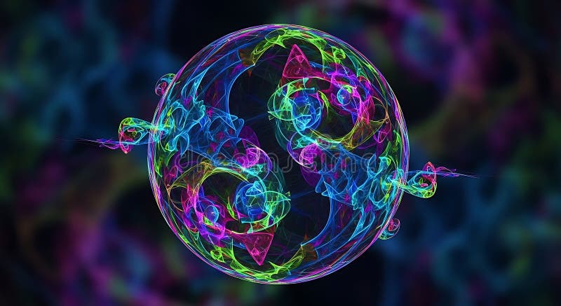 A glowing, spherical object features intricate, swirling patterns in vibrant neon vector illustration