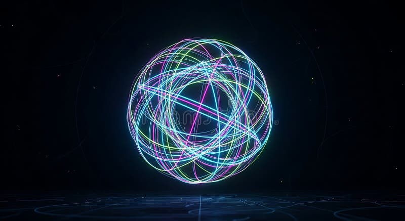 A glowing spherical structure composed of multicolored neon light trails against stock illustration
