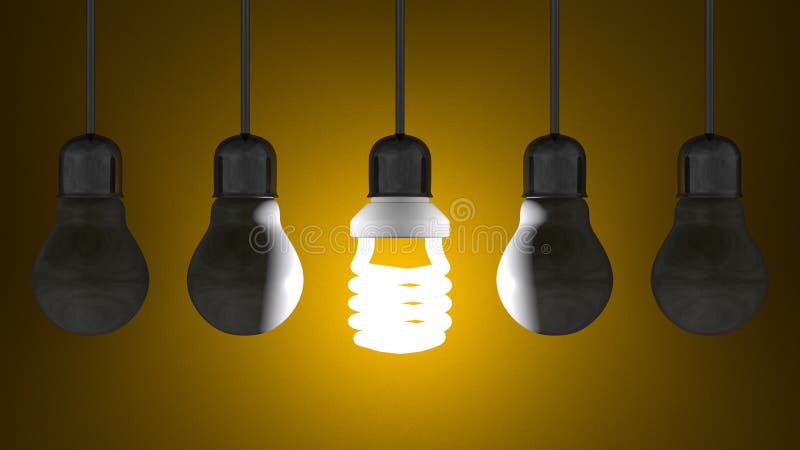 Glowing spiral light bulb among dead tungsten ones hanging on yellow stock illustration