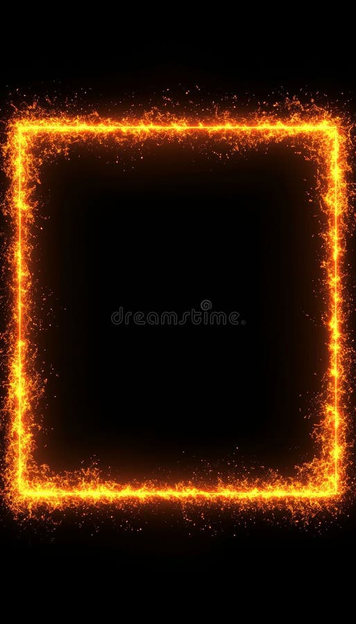 Glowing Square Frame Sign with Fiery Border and Neon Light Effect on Black Background Design stock illustration