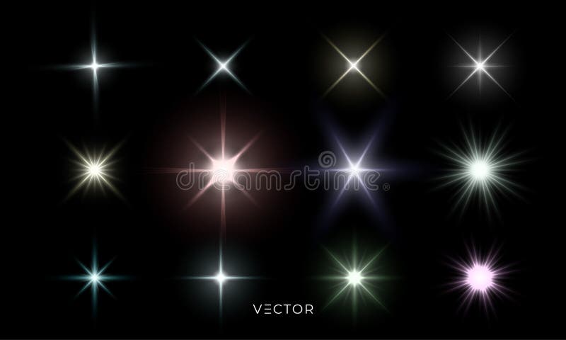Glowing star lights effect, lens flare and bright explosion effect. Vector isolated color star light flash and sparkle rays set royalty free illustration
