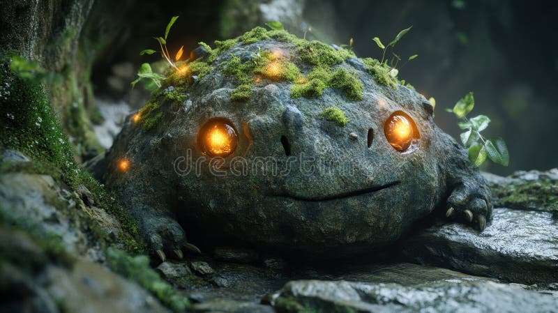 Glowing Stone Frog in Dark Forest royalty free illustration